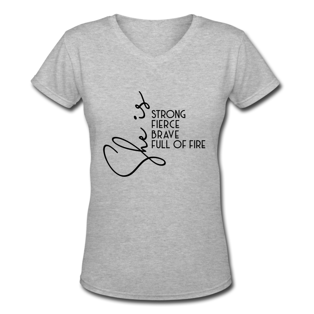 She is Strong Women's V-Neck T-Shirt - gray